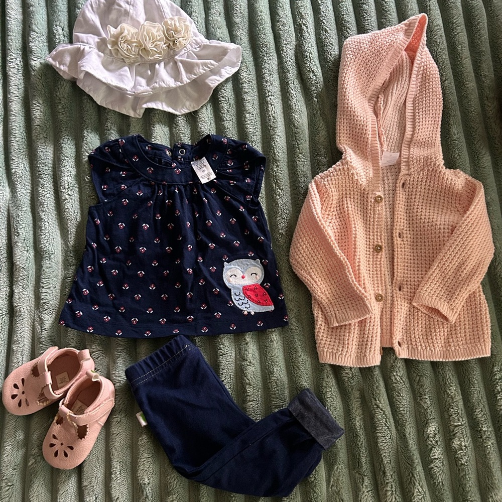 Adorable Baby Outfit Set with Owl Top and Pink Cardigan